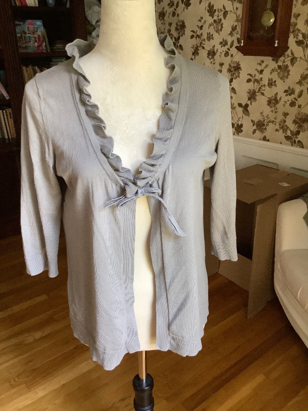 GAP Ruffle Tie-Front Short Sleeve Cotton Cardigan Stone Gray Size S